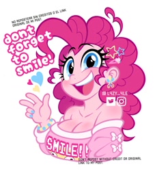 Size: 1160x1278 | Tagged: safe, artist:l4zy_4le, derpibooru import, pinkie pie, human, g4, bracelet, breast blush, breasts, cleavage, clothes, collarbone, cutie mark accessory, cutie mark earrings, ear piercing, earring, hairclip, heart, humanized, jewelry, looking at you, nail polish, off shoulder, open mouth, open smile, peace sign, piercing, pinkie pies, shoulder blush, simple background, smiling, smiling at you, solo, talking to viewer, white background