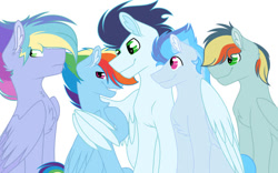 Size: 750x469 | Tagged: safe, artist:fluffy-fillies, derpibooru import, rainbow dash, soarin', oc, oc:aquamarine, oc:skystorm, oc:spectrum, pegasus, pony, female, male, mare, offspring, palindrome get, parent:rainbow dash, parent:soarin', parents:soarindash, shipping, soarindash, stallion, straight