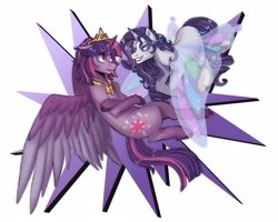 Size: 2500x2000 | Tagged: safe, artist:slapearl, derpibooru import, rarity, twilight sparkle, twilight sparkle (alicorn), alicorn, pony, unicorn, :p, alternate hairstyle, butterfly wings, coat markings, duo, duo female, eyeshadow, female, grin, horn, jewelry, lesbian, lipstick, makeup, rarilight, redesign, regalia, shipping, simple background, smiling, tongue, tongue out, unshorn fetlocks, white background, wings