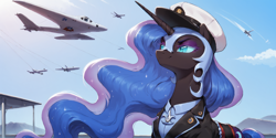 Size: 2400x1200 | Tagged: safe, ai content, derpibooru import, machine learning generated, nightmare moon, alicorn, pony, clothes, female, hat, mare, plane, prompter:greesys, solo