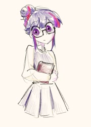 Size: 1136x1580 | Tagged: safe, artist:mulbeomstartrek, derpibooru import, sci-twi, twilight sparkle, equestria girls, g4, book, clothes, cute, female, glasses, shirt, skirt, solo, traditional art, twiabetes