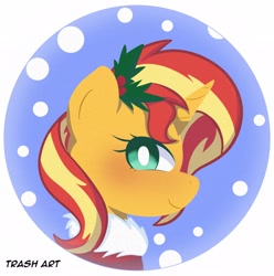 Size: 2028x2048 | Tagged: safe, artist:eltrash_art6, derpibooru import, sunset shimmer, pony, unicorn, g4, blushing, christmas, clothes, coat, cute, female, fur coat, holiday, holly, holly mistaken for mistletoe, horn, icon, mare, shimmerbetes, snow, solo