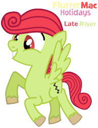 Size: 653x846 | Tagged: safe, artist:princess-paige-place-of-fun, derpibooru import, oc, oc only, oc:late riser, pegasus, pony, series:fm holidays, character name, colt, foal, male, offspring, parent:big macintosh, parent:fluttershy, parents:fluttermac, simple background, smiling, solo, spread wings, transparent background, unshorn fetlocks, wings