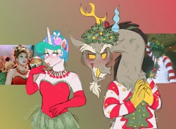 Size: 2048x1504 | Tagged: safe, artist:_oodlezz_, derpibooru import, discord, princess celestia, anthro, blushing, christmas, clothes, dislestia, dress, duo, duo male and female, female, hands together, holiday, how the grinch stole christmas, jim carrey, looking at each other, looking at someone, male, martha may whovier, reflection, shipping, straight, the grinch