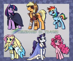 Size: 3840x3200 | Tagged: safe, artist:brella, derpibooru import, applejack, fluttershy, pinkie pie, rainbow dash, rarity, twilight sparkle, unicorn twilight, unicorn, fanfic:friendship is tragic, alternate hairstyle, alternate universe, broken horn, clothes, dress, horn, mane six, one eyed, wingless, wingless rainbow dash