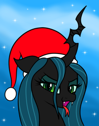 Size: 1177x1500 | Tagged: safe, artist:vomitvomiting, derpibooru import, queen chrysalis, pony, g4, christmas changeling, looking at you, simple background, solo, tongue, tongue out