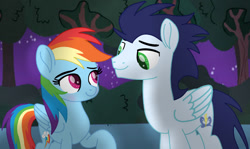 Size: 1280x764 | Tagged: safe, artist:soarindasher10, derpibooru import, rainbow dash, soarin', pegasus, pony, blushing, cute, dashabetes, female, heartwarming, looking at each other, looking at someone, male, mare, movie accurate, primal, rainbow dash is best pony, rainbow sass, romantic, shipping, smiling, smiling at each other, soarinbetes, soarindash, stallion, straight