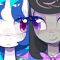 Size: 1000x1000 | Tagged: safe, artist:rlabbiy, derpibooru import, dj pon-3, octavia melody, vinyl scratch, earth pony, pony, unicorn, g4, blushing, bowtie, close-up, detached collar, female, horn, lesbian, looking at each other, looking at someone, mare, one eye closed, scratchtavia, shipping, smiling, wink