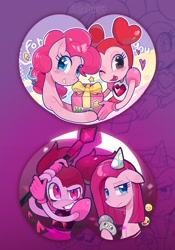 Size: 1645x2354 | Tagged: safe, artist:rlabbiy, derpibooru import, pinkie pie, earth pony, pony, :d, crossover, duality, emoji, female, frown, gem (race), gradient background, grin, happy, hat, heart, holding, humanoid, looking at you, mare, one eye closed, open mouth, open smile, outline, party hat, pinkamena diane pie, present, rock, sad, smiling, spinel (steven universe), staff, steven universe, text, upper body, white outline, wink, zoom layer