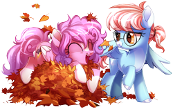 Size: 1432x904 | Tagged: safe, artist:oddysies, derpibooru import, oc, oc only, oc:cherry blossom, oc:cloud jumper, pegasus, pony, duo, female, glasses, leaves, leaves in hair, looking at each other, mare, open mouth, open smile, simple background, smiling, tied mane, transparent background