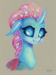 Size: 904x1200 | Tagged: safe, artist:maytee, derpibooru import, ocellus, changedling, changeling, g4, bust, colored pencil drawing, commission, portrait, solo, toned paper, traditional art