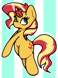 Size: 1321x1778 | Tagged: safe, artist:kindakismet, derpibooru import, sunset shimmer, pony, unicorn, g4, abstract background, horn, smiling, solo, striped background