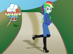 Size: 3840x2880 | Tagged: safe, artist:gibsterboy5, derpibooru import, rainbow dash, human, equestria girls, g4, black shoes, boots, breasts, clothes, complex background, cute, dashabetes, denim, denim jacket, female, high heel boots, high heels, high res, jacket, jeans, leather, leather boots, looking at you, outdoors, pants, platform boots, platform heels, platform shoes, road, shadow, shirt, shoes, signature, smiling, smiling at you, solo, standing, standing on one leg, text