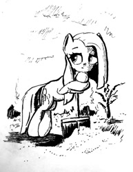 Size: 600x777 | Tagged: safe, artist:anonymous, derpibooru import, pinkie pie, earth pony, pony, g4, crossed legs, drawthread, female, grayscale, leaning, leaning on shovel, mare, monochrome, pinkamena diane pie, requested art, shovel, snow, solo, tree