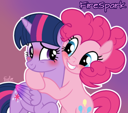 Size: 1020x903 | Tagged: safe, artist:firesparkmlp, derpibooru import, pinkie pie, twilight sparkle, twilight sparkle (alicorn), alicorn, earth pony, g4, blushing, female, hug, lesbian, shipping, smiling, twinkie