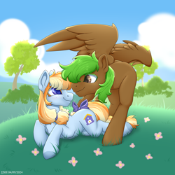 Size: 4134x4134 | Tagged: safe, artist:jjsh, derpibooru import, oc, oc only, oc:aurelia coe, oc:peatmoss, earth pony, pegasus, pony, bow, bush, cloud, cute, cute face, female, field, flower, grass, high res, looking at each other, looking at someone, lying down, male, mare, nature, outdoors, smiling, smiling at each other, stallion, tail, tail bow, tree, wings