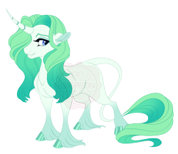 Size: 4400x3800 | Tagged: safe, artist:gigason, derpibooru import, oc, oc only, oc:emerald empire, pony, unicorn, blue eyes, cloven hooves, colored hooves, colored pinnae, curved horn, eye clipping through hair, eyebrows, eyebrows visible through hair, female, gradient legs, gradient mane, gradient tail, grid adoptable, hair over one eye, hooves, horn, leonine tail, long feather, long fetlocks, magical lesbian spawn, mare, obtrusive watermark, offspring, parent:clover the clever, parent:rarity, shiny hooves, simple background, solo, standing, striped horn, tail, transparent background, unicorn oc, unshorn fetlocks, watermark