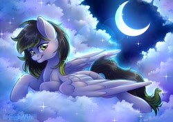 Size: 2048x1448 | Tagged: safe, artist:tokokami, derpibooru import, oc, oc only, oc:silver moon, pegasus, pony, blushing, cloud, cute, daaaaaaaaaaaw, female, looking at you, lying down, mare, moon, night, ocbetes, scenery, scenery porn, sky, smiling, solo, stars