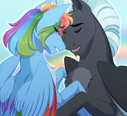 Size: 1200x1100 | Tagged: safe, artist:purplegrim40, derpibooru import, rainbow dash, thunderlane, pegasus, pony, chest fluff, chin fluff, colored wings, crying, duo, duo male and female, eye clipping through hair, eyebrows, eyebrows visible through hair, female, male, mare, multicolored wings, pale belly, rainbow wings, shipping, stallion, straight, thunderdash, wings