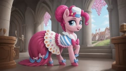 Size: 2560x1456 | Tagged: safe, ai content, derpibooru import, machine learning generated, pinkie pie, earth pony, pony, g4, clothes, dress, gala dress, gown, indoors, pinkie pie's first gala dress, prompter:cypher, raised hoof, raised leg, solo