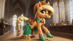 Size: 2560x1456 | Tagged: safe, ai content, derpibooru import, machine learning generated, applejack, earth pony, pony, g4, braid, braided tail, clothes, dress, female, gala dress, indoors, mare, prompter:cypher, solo, tail