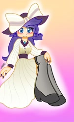 Size: 1235x2048 | Tagged: safe, artist:tsumury, derpibooru import, rarity, human, g4, blushing, bow, clothes, gradient background, hat, humanized, light skin, painted nails, raristocrat, rose dewitt bukater, shoes, signature, solo, titanic