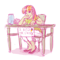 Size: 1000x1000 | Tagged: safe, artist:anonymous, artist:king-kakapo, derpibooru import, sweetcream scoops, human, g4, chair, drawthread, female, humanized, jar, kissing booth, on chair, requested art, signature, simple background, sitting, solo, table, white background, wip, woman