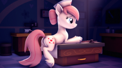 Size: 3840x2160 | Tagged: safe, artist:psfmer, derpibooru import, nurse redheart, earth pony, pony, g4, 3d, bipedal, bipedal leaning, butt, clinic, female, hat, leaning, mare, nurse hat, plot, solo, source filmmaker, table, unshorn fetlocks