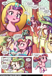 Size: 3541x5121 | Tagged: safe, artist:baban illustration, artist:lummh, derpibooru import, princess cadance, princess celestia, sunset shimmer, alicorn, pony, unicorn, comic:the princess of love, g4, absurd resolution, book, canterlot castle interior, comic, cute, cutedance, emanata, female, filly, filly sunset shimmer, foal, food, glowing, glowing horn, horn, levitation, looking at each other, looking at someone, magic, male, mare, mirror, patreon, patreon logo, quill pen, speech bubble, stallion, teen princess cadance, telekinesis, younger