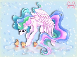 Size: 1024x768 | Tagged: safe, artist:niveria25, derpibooru import, princess celestia, alicorn, bird, duck, pony, g4, cute, duckling, female, looking at something, looking down, mare, missing accessory, momlestia fuel, smiling, solo