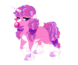 Size: 4300x3600 | Tagged: safe, artist:gigason, derpibooru import, oc, oc only, oc:bubblegum bell, pony, unicorn, blowing bubblegum, bow, bubblegum, cloven hooves, coat markings, colored hooves, colored horn, colored pinnae, facial markings, female, fetlock tuft, food, gradient hooves, grid adoptable, gum, hair bow, hooves, horn, lidded eyes, mare, obtrusive watermark, offspring, pale belly, parent:clover the clever, parent:pinkie pie, pigtails, purple eyes, simple background, socks (coat marking), solo, standing, stripe (coat marking), striped horn, tail, tail bow, transparent background, unicorn oc, watermark