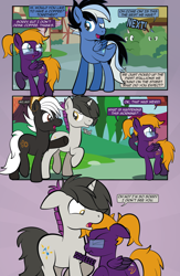 Size: 1920x2948 | Tagged: safe, artist:alexdti, derpibooru import, oc, oc only, oc:bass sparks, oc:purple creativity, oc:shadow gear, oc:thistle tube, earth pony, pegasus, pony, unicorn, comic:quest for friendship retold, glasses, horn, male, scrunchy face, stallion