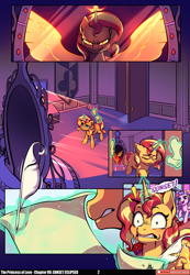 Size: 3541x5121 | Tagged: safe, artist:baban illustration, artist:lummh, derpibooru import, princess cadance, sunset shimmer, alicorn, pony, unicorn, comic:the princess of love, g4, absurd resolution, alicornified, artificial wings, augmented, canterlot castle interior, comic, cute, cutedance, emanata, female, filly, filly sunset shimmer, foal, glowing, glowing horn, horn, imagine spot, levitation, magic, magic wings, mare, mirror, patreon, patreon logo, quill pen, race swap, reflection, sad, scroll, shimmercorn, speech bubble, startled, teen princess cadance, telekinesis, wings, woobie, younger, younger sunset