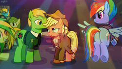 Size: 1916x1080 | Tagged: safe, artist:uspen, derpibooru import, applejack, rainbow dash, oc, oc:applesnack, oc:steelhooves, oc:wooden toaster, earth pony, fly, insect, pegasus, pony, fallout equestria, background pony, butt, chair, clothes, coat, complex background, cupcake, flying, food, green pony, hair bun, hat, looking at each other, looking at someone, observer, party, plot, poster, raised hoof, raised leg, rear view, rubber band, shoulder pads, smiling, smiling at each other, spread wings, surprised, talking, tray, uniform, whispering, wings