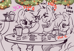 Size: 2360x1640 | Tagged: safe, artist:kristina, derpibooru import, oc, alicorn, earth pony, pegasus, pony, unicorn, alcohol, beer, christmas, commission, commission open, couple, holiday, horn, trio, ych example, ych sketch, your character here