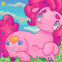 Size: 1440x1440 | Tagged: safe, artist:ariariari.png, derpibooru import, pinkie pie, earth pony, insect, ladybug, pony, g4, alternate cutie mark, beanbrows, cursor, eyebrows, female, hoof heart, leaf, lying down, mare, prone, rainbow, sky, solo, sprinkles in tail, starry eyes, sun, underhoof, wingding eyes