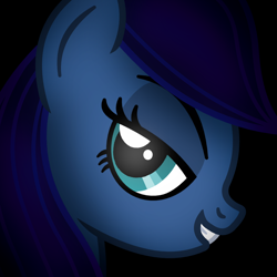 Size: 1200x1200 | Tagged: safe, artist:starless, derpibooru exclusive, derpibooru import, oc, oc only, oc:starlight pianissimo, black background, blue mane, bust, dark blue coat, female, looking at you, portrait, rule 63, simple background, smiling, smiling at you, solo, teeth, turquoise eyes