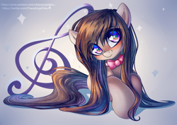 Size: 1414x1000 | Tagged: safe, artist:chaosangeldesu, derpibooru import, octavia melody, earth pony, pony, g4, blushing, bowtie, cute, eye clipping through hair, eyebrows, eyebrows visible through hair, female, heart, heart eyes, long mane, looking at you, lying down, mare, music notes, octavia's bowtie, prone, smiling, smiling at you, solo, tavibetes, treble clef, wingding eyes