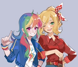 Size: 1717x1493 | Tagged: safe, artist:feifeiyouji, derpibooru import, applejack, rainbow dash, human, equestria girls, g4, appledash, arm in arm, beautiful, blonde, blushing, cute, dashabetes, duo, female, freckles, gray background, green eyes, lesbian, looking at you, lovely, multicolored hair, one eye closed, rainbow hair, shipping, simple background, smiling, wink