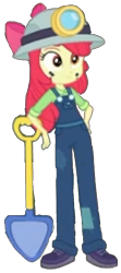 Size: 685x1536 | Tagged: safe, derpibooru import, edit, edited screencap, screencap, apple bloom, human, choose your own ending, equestria girls, g4, opening night, background removed, blurry, boots, clothes, coal miner, headlamp, helmet, mining helmet, overalls, shoes, shovel, simple background, solo, transparent background, vector