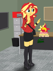 Size: 1620x2160 | Tagged: safe, artist:gibsterboy5, derpibooru import, sunset shimmer, human, equestria girls, g4, bag, board, boots, clothes, complex background, ear piercing, earring, female, handbag, high heel boots, high heels, jacket, jewelry, leather, leather boots, leather jacket, leather skirt, long neck, miniskirt, office, piercing, platform boots, pointing, shelf, shoes, signature, skirt, solo, standing, table, text, trash can, wristband