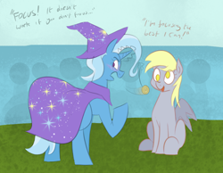 Size: 1956x1519 | Tagged: safe, artist:moonatik edits, artist:polofastter, derpibooru import, derpy hooves, trixie, pegasus, pony, unicorn, g4, cape, clothes, colored sketch, fail, female, hat, horn, humiliation, hypnosis, hypnovember 2024, mare, sketch, trixie's cape, trixie's hat