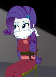 Size: 411x565 | Tagged: safe, artist:robukun, derpibooru import, edit, rarity, human, equestria girls, g4, bondage, bound and gagged, chair bondage, cloth gag, cropped, detective rarity, female, gag, solo, tied to chair, tied up