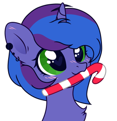 Size: 2634x2720 | Tagged: safe, alternate version, artist:vi45, derpibooru import, oc, oc only, oc:blue monday, pony, unicorn, base used, blushing, bust, candy, candy cane, chest fluff, christmas, commission, cute, daaaaaaaaaaaw, female, food, heart, heart eyes, high res, holiday, horn, nom, simple background, solo, white background, wingding eyes, ych result