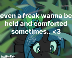 Size: 1370x1103 | Tagged: safe, artist:reddthebat, derpibooru import, queen chrysalis, changeling, changeling queen, g4, eyebrows, eyebrows visible through hair, female, grass, signature, solo, text