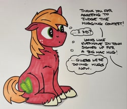 Size: 2048x1754 | Tagged: safe, artist:hoofclid, derpibooru import, big macintosh, earth pony, pony, g4, chest fluff, cute, dialogue, male, marker drawing, missing accessory, offscreen character, one ear down, sitting, solo, stallion, thought bubble, traditional art