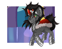 Size: 5008x3968 | Tagged: safe, artist:annuthecatgirl, derpibooru import, king sombra, pony, unicorn, g4, armor, cape, clothes, crystal empire, fangs, horn, raised hoof, raised leg, redraw, solo