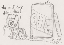 Size: 743x522 | Tagged: safe, artist:based sketchy, derpibooru import, fluttershy, pegasus, pony, g4, covered in food, dirty, drawthread, female, food, giant jar, jar, mare, monochrome, peanut butter, requested art, sketch, solo, traditional art, why do i keep doing this