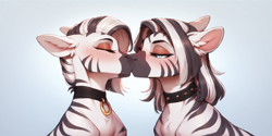 Size: 2400x1200 | Tagged: safe, ai content, derpibooru import, machine learning generated, zebra, chest fluff, choker, duo, ear fluff, ears, eyes closed, kissing, prompter:greesys, simple background