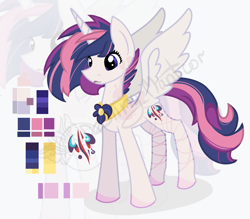 Size: 1450x1268 | Tagged: safe, artist:destiny_manticor, derpibooru import, oc, oc only, alicorn, pony, adoptable, body markings, cutie mark, female, horn, jewelry, lipstick, long tail, mare, necklace, obtrusive watermark, pale skin, palette, reference sheet, signature, simple background, solo, spread wings, tail, thin, three quarter view, three toned mane, unnamed oc, watermark, wings